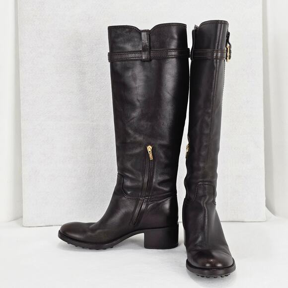 Salvatore Ferragamo Boots Womens 9.5 M Brown Leather Tall Riding Calf Pull Zip - Picture 3 of 16